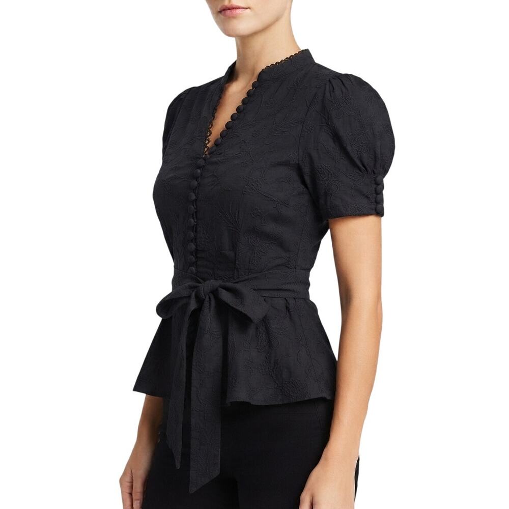 BCBGMAXAZRIA Black Floral Embroidered Button Front Short Sleeve Top Women's XS
